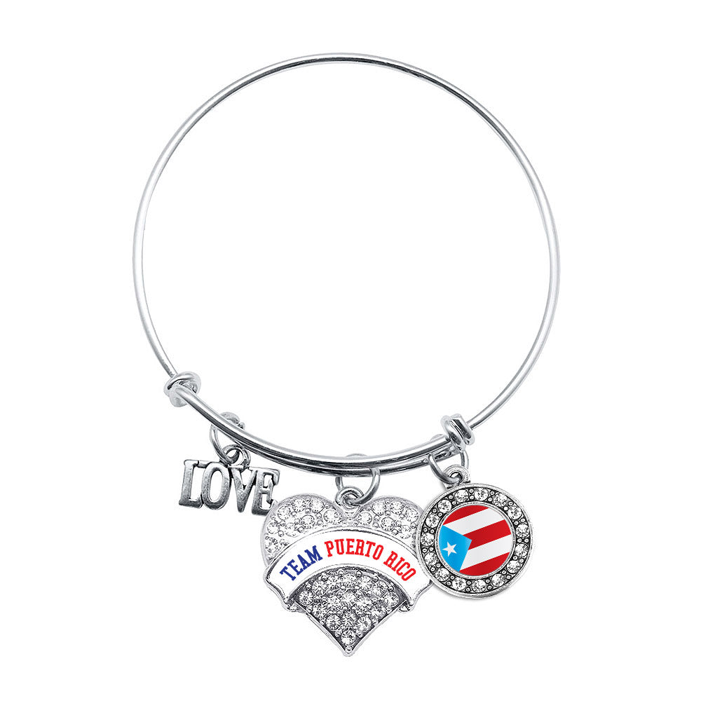 Silver Team Puerto Rico Pave Heart Charm Wire Bangle Bracelet