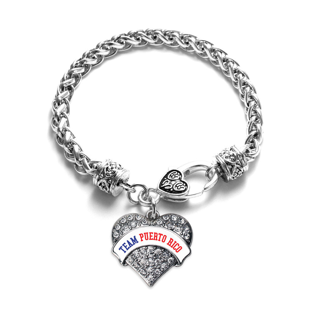 Silver Team Puerto Rico Pave Heart Charm Braided Bracelet