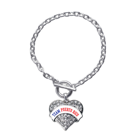 Silver Team Puerto Rico Pave Heart Charm Toggle Bracelet