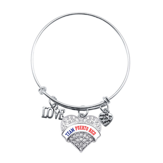 Silver Love Team Puerto Rico Pave Heart Charm Wire Bangle Bracelet