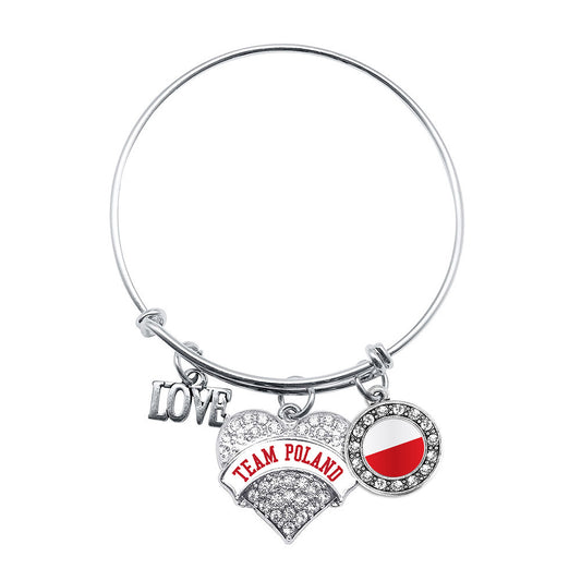 Silver Team Poland Pave Heart Charm Wire Bangle Bracelet