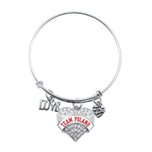 Silver Love Team Poland Pave Heart Charm Wire Bangle Bracelet