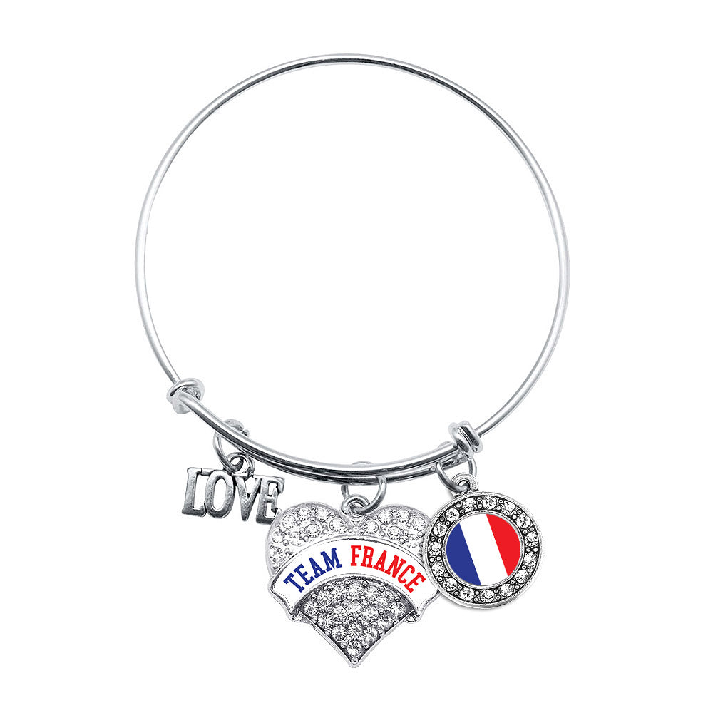 Silver Team France Pave Heart Charm Wire Bangle Bracelet