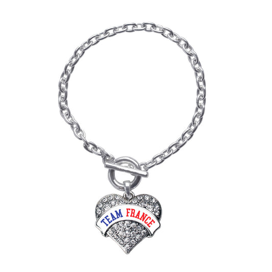 Silver Team France Pave Heart Charm Toggle Bracelet
