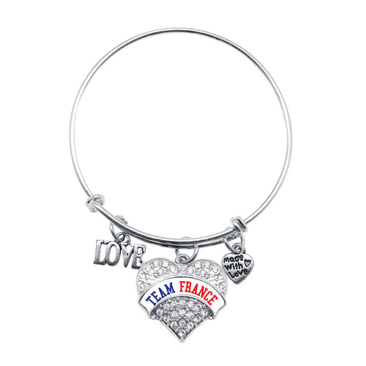 Silver Love Team France Pave Heart Charm Wire Bangle Bracelet