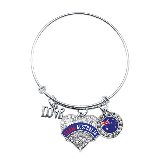 Silver Team Australia Pave Heart Charm Wire Bangle Bracelet