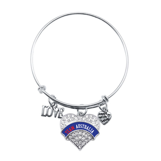Silver Love Team Australia Pave Heart Charm Wire Bangle Bracelet