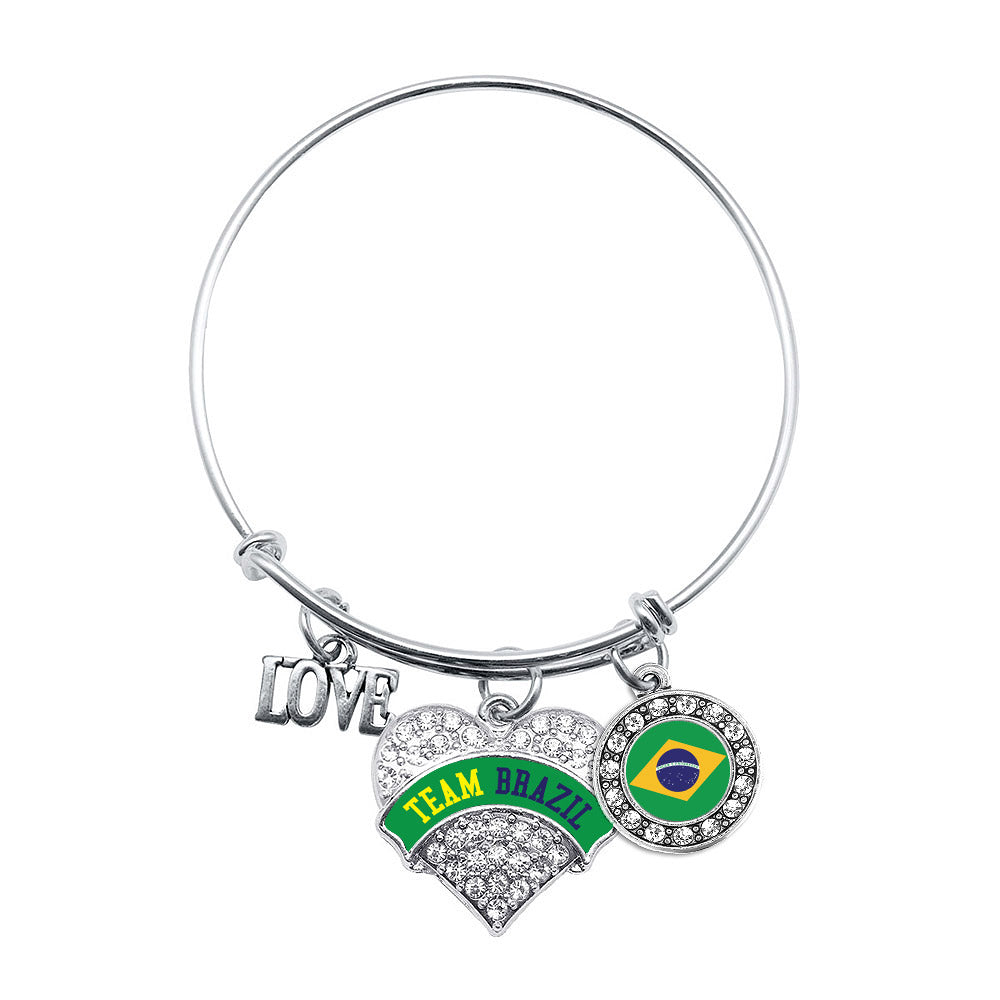 Silver Team Brazil Pave Heart Charm Wire Bangle Bracelet