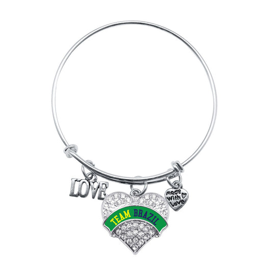 Silver Love Team Brazil Pave Heart Charm Wire Bangle Bracelet