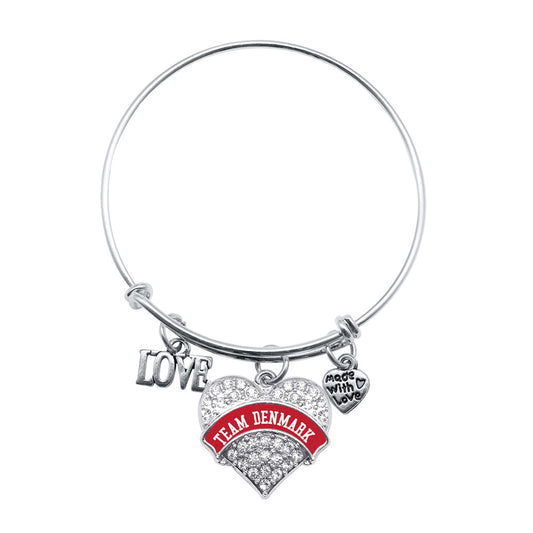 Silver Love Team Denmark Pave Heart Charm Wire Bangle Bracelet
