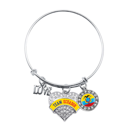 Silver Team Ecuador Pave Heart Charm Wire Bangle Bracelet