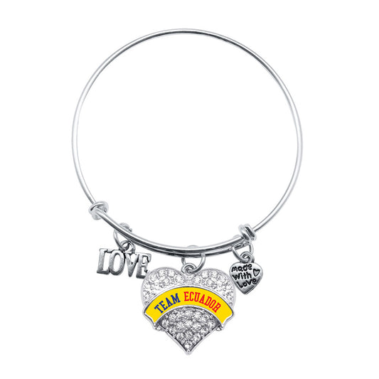 Silver Love Team Ecuador Pave Heart Charm Wire Bangle Bracelet