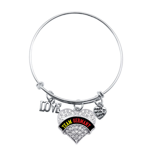 Silver Love Team Germany Pave Heart Charm Wire Bangle Bracelet