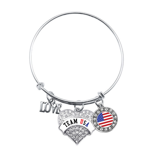 Silver Team USA - White Banner Pave Heart Charm Wire Bangle Bracelet