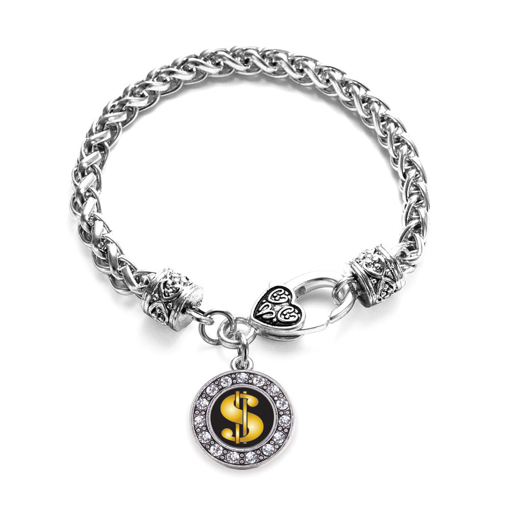 Silver Dollar Sign Circle Charm Braided Bracelet