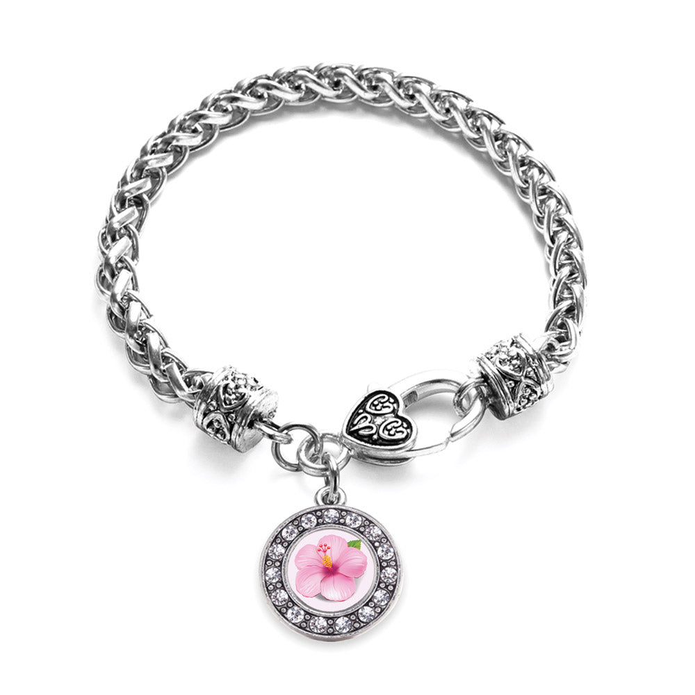 Silver Hibiscus Flower Circle Charm Braided Bracelet