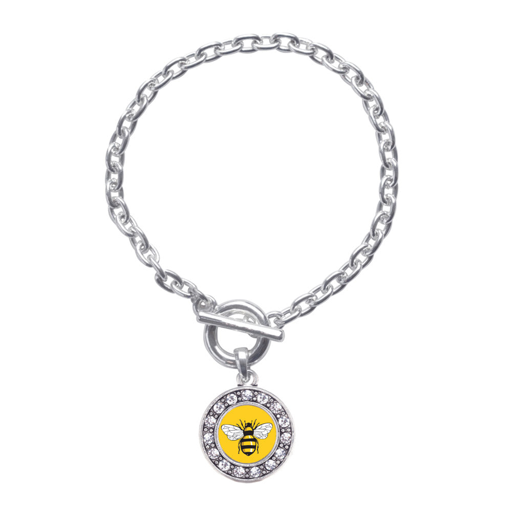 Silver Buzzing Bee Circle Charm Toggle Bracelet