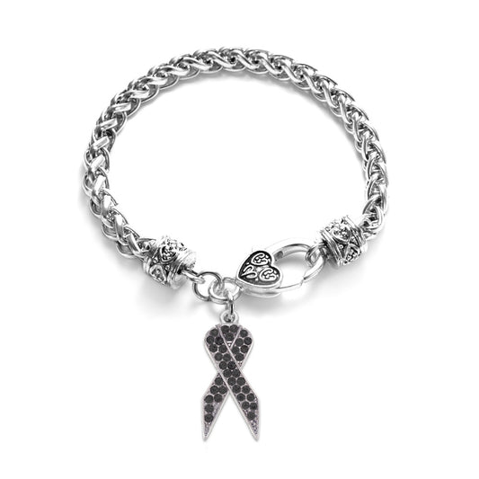 Silver Black Ribbon Charm Braided Bracelet