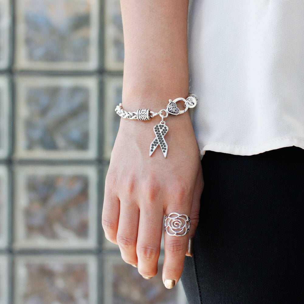 Silver Black Ribbon Charm Braided Bracelet