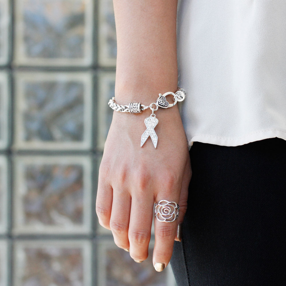 Silver Clear Ribbon Charm Braided Bracelet