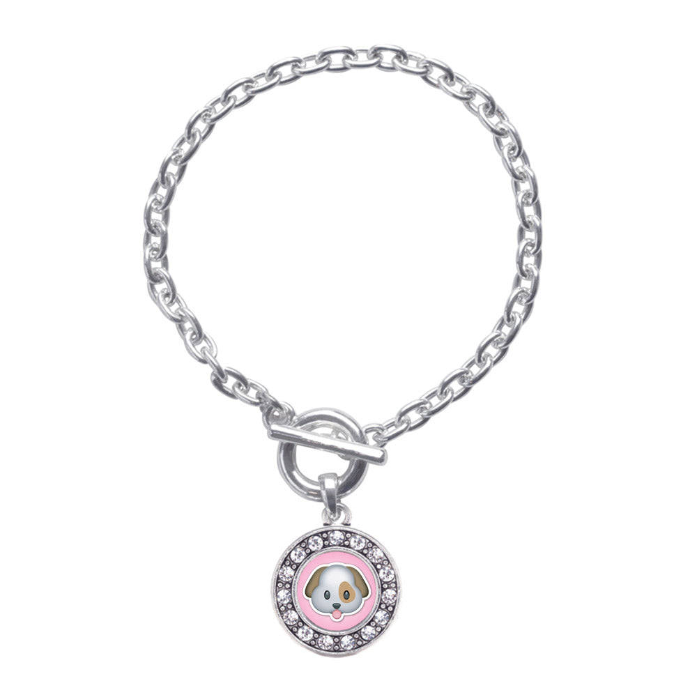 Silver Puppy Emoji Circle Charm Toggle Bracelet