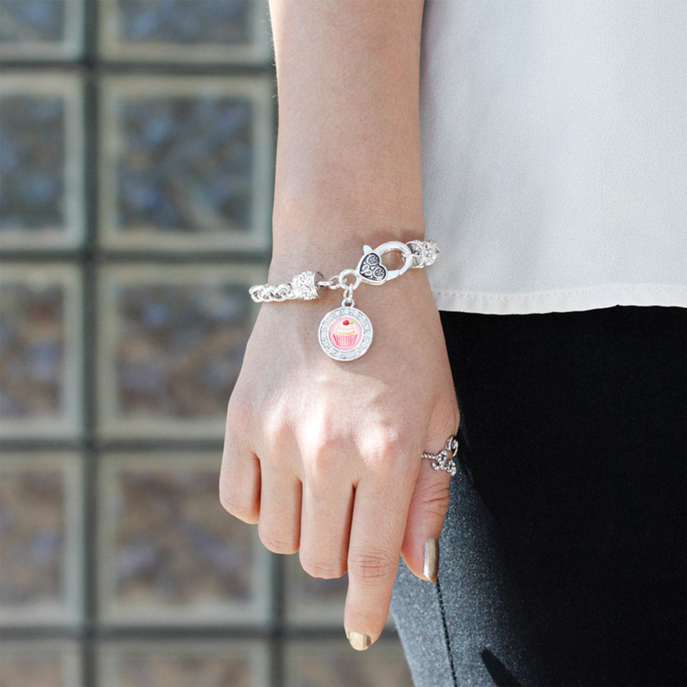 Silver Cupcake with a Cherry on Top Circle Charm Braided Bracelet