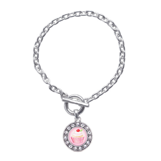 Silver Cupcake with a Cherry on Top Circle Charm Toggle Bracelet