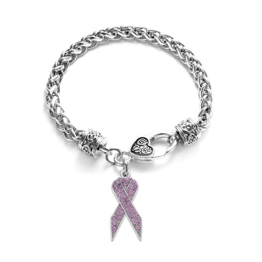 Silver Purple Ribbon Charm Braided Bracelet