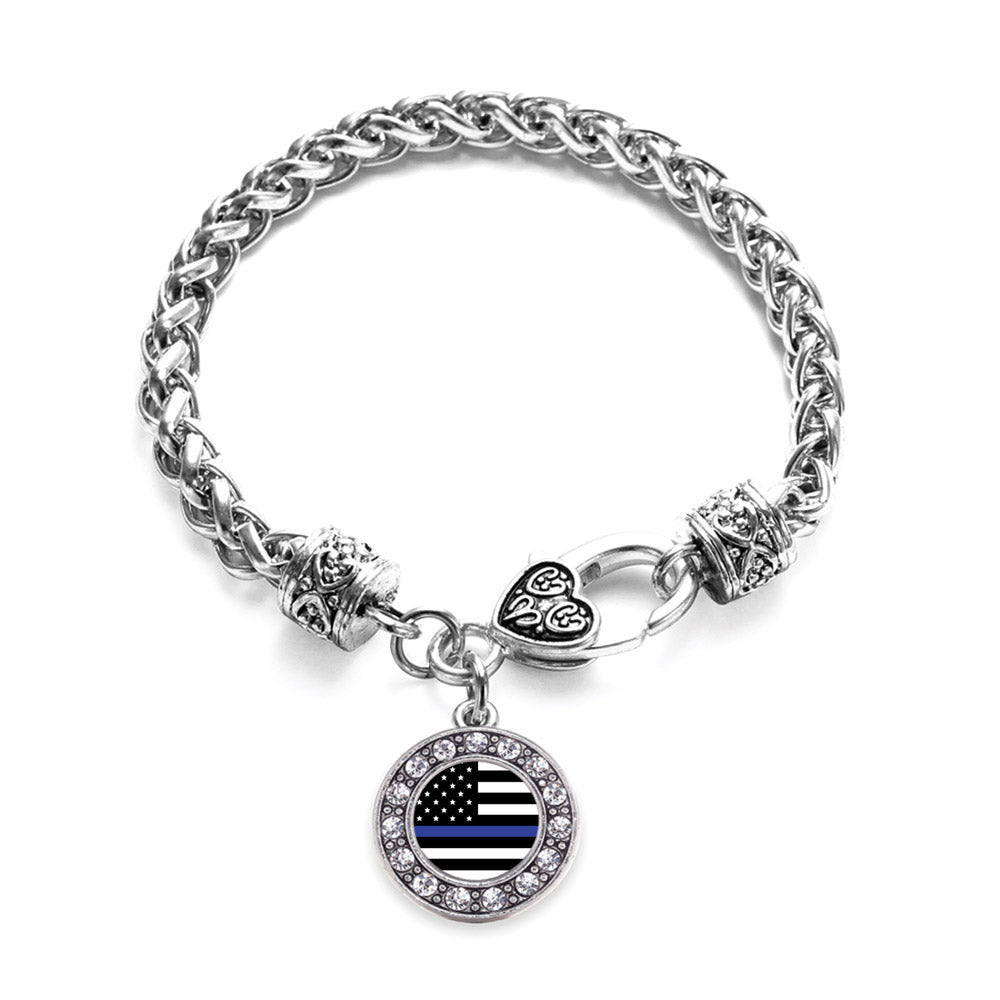 Silver Thin Blue Line American Flag Circle Charm Braided Bracelet