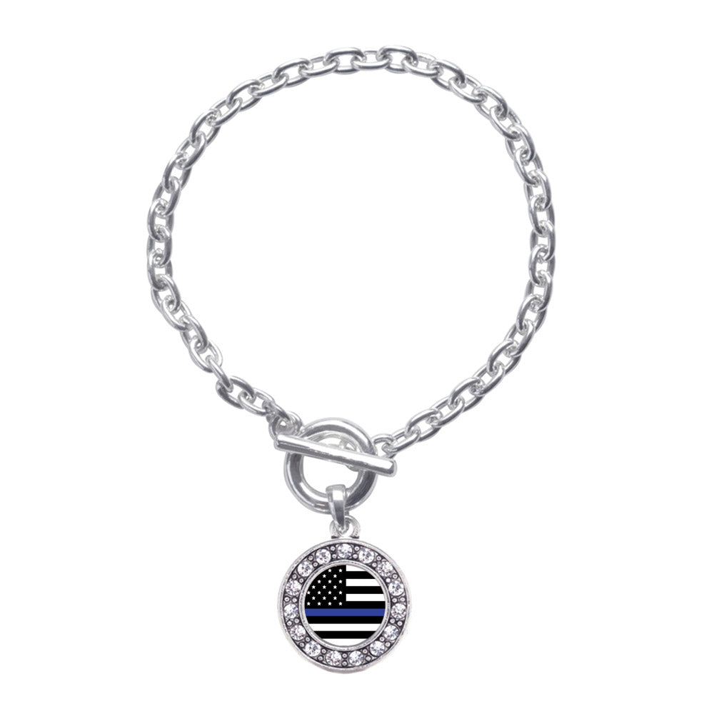 Silver Thin Blue Line American Flag Circle Charm Toggle Bracelet