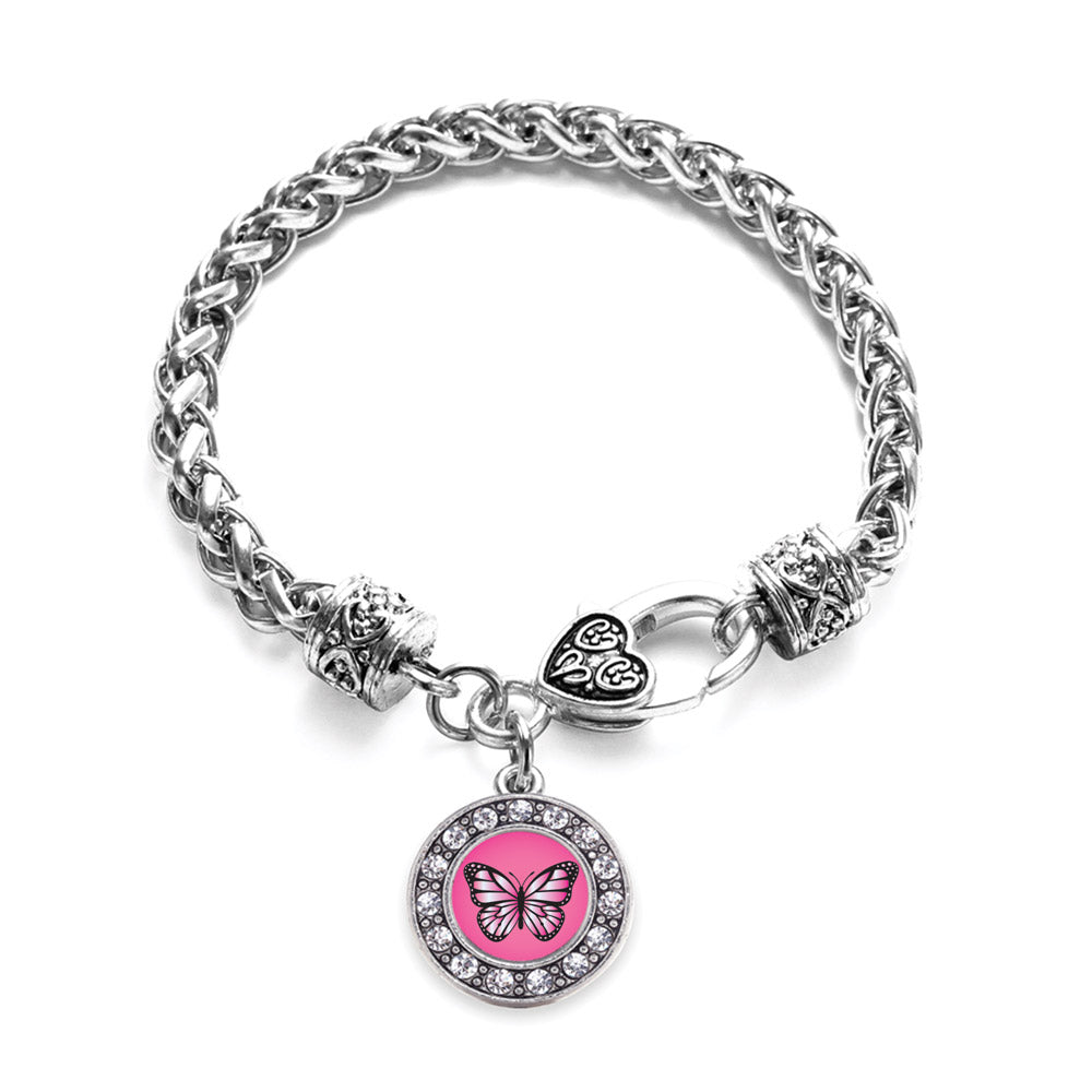 Silver Pink Butterfly Circle Charm Braided Bracelet