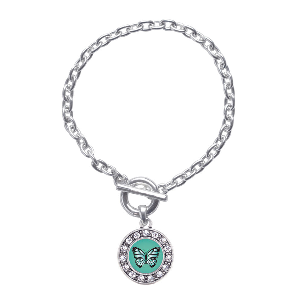 Silver Teal Butterfly Circle Charm Toggle Bracelet