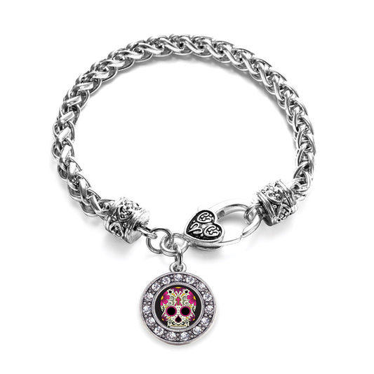 Silver Sugar Skull Circle Charm Braided Bracelet