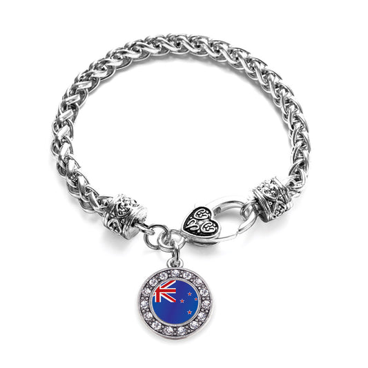 Silver New Zealand Flag Circle Charm Braided Bracelet