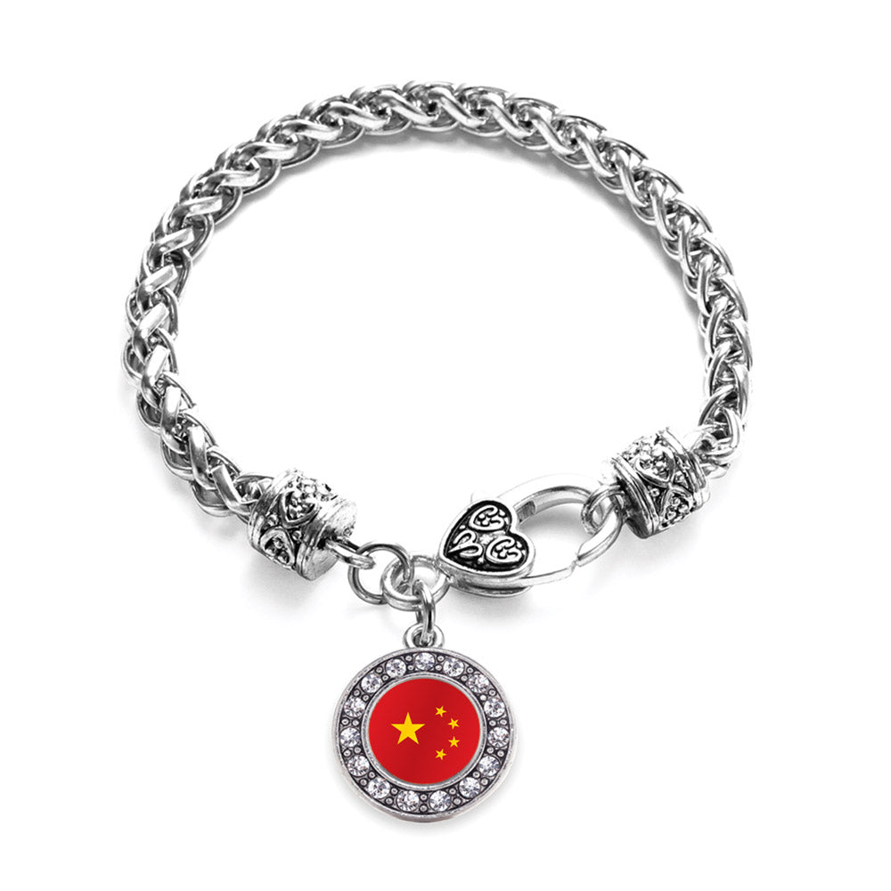 Silver China Flag Circle Charm Braided Bracelet