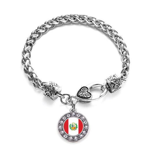 Silver Peru Flag Circle Charm Braided Bracelet