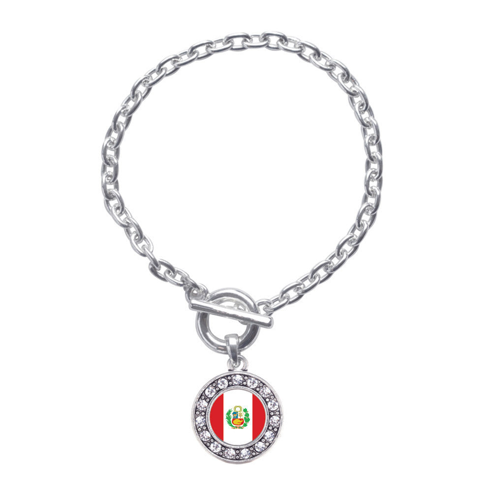 Silver Peru Flag Circle Charm Toggle Bracelet