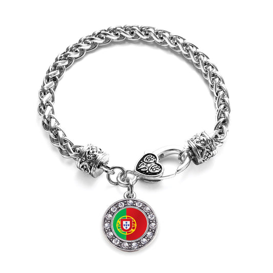 Silver Portugal Flag Circle Charm Braided Bracelet