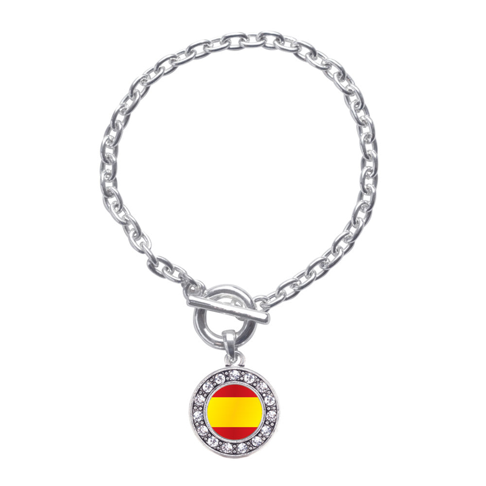 Silver Spain Flag Circle Charm Toggle Bracelet