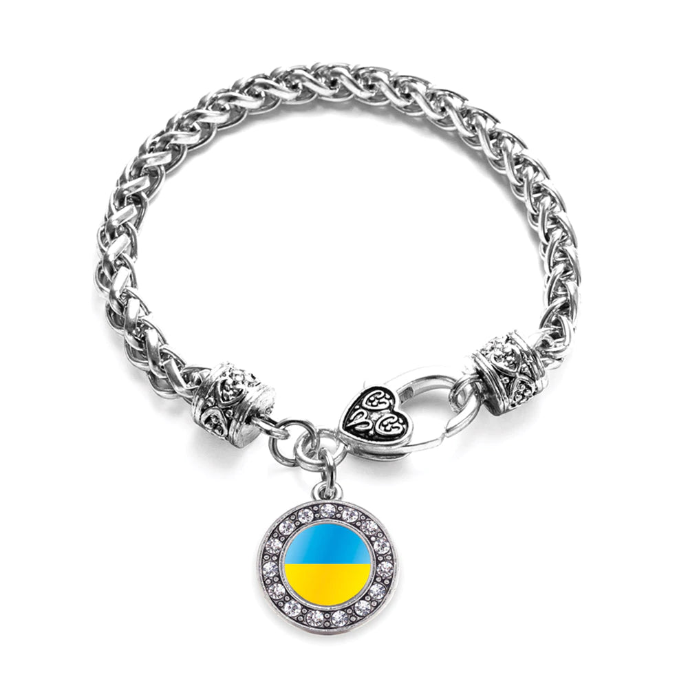 Silver Ukraine Flag Circle Charm Bracelet, Earrings and Necklace Set