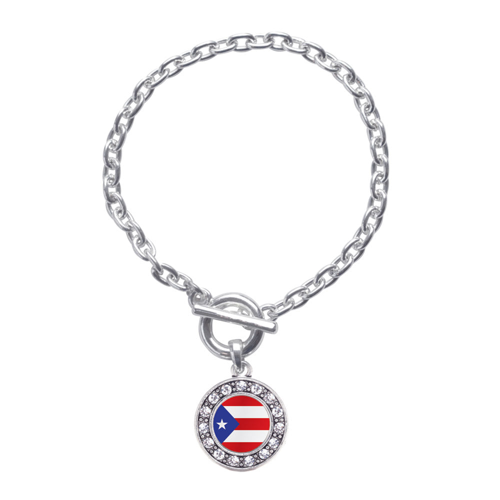 Silver Puerto Rico Flag Circle Charm Toggle Bracelet