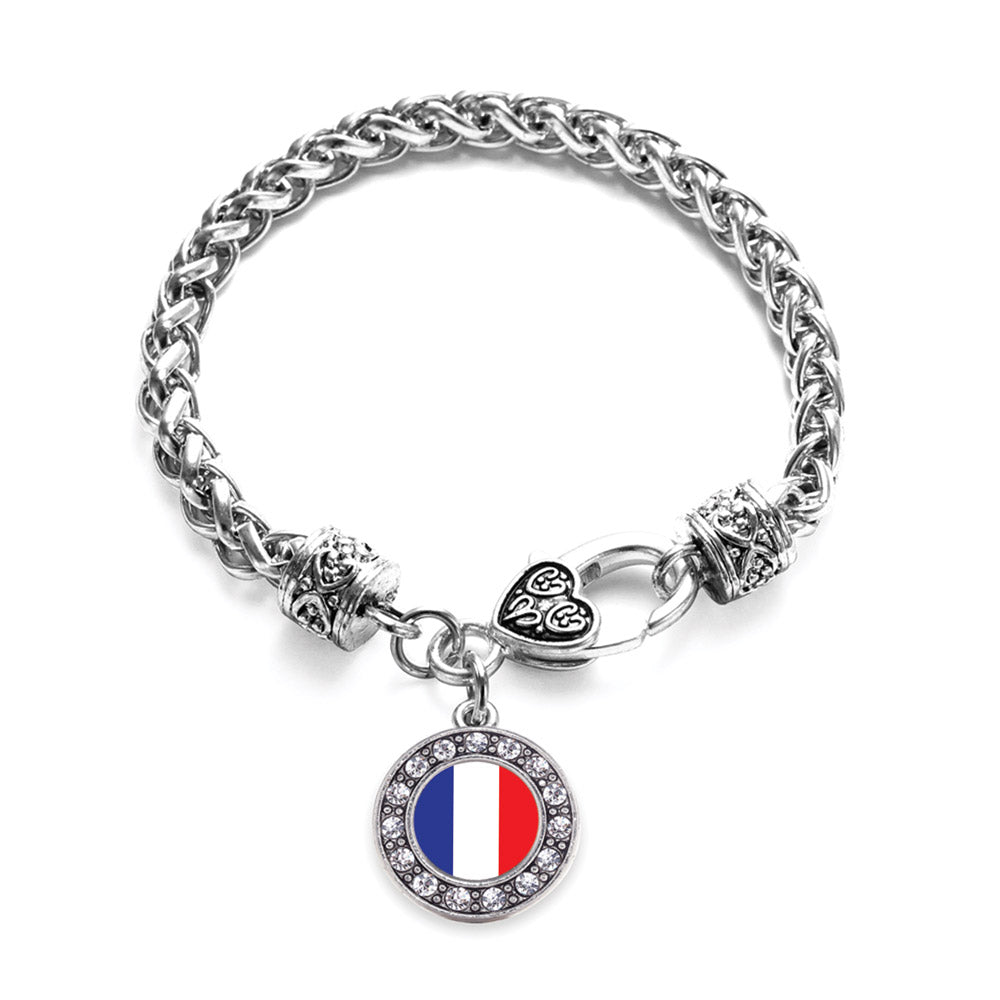 Silver France Flag Circle Charm Braided Bracelet