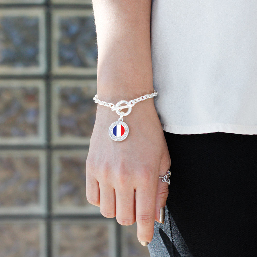 Silver France Flag Circle Charm Toggle Bracelet