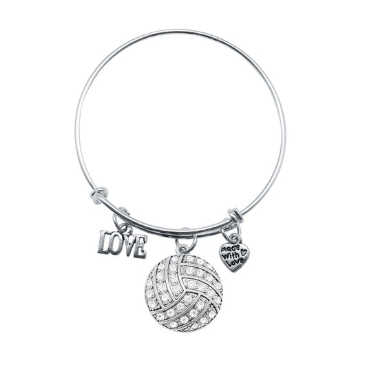 Silver Love Volleyball Charm Wire Bangle Bracelet