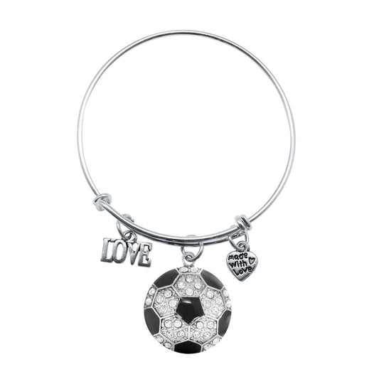 Silver Love Soccer Ball Charm Wire Bangle Bracelet