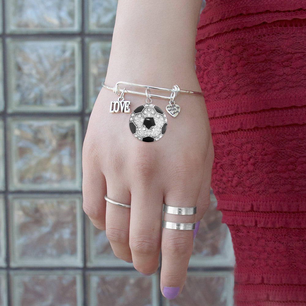Silver Love Soccer Ball Charm Wire Bangle Bracelet