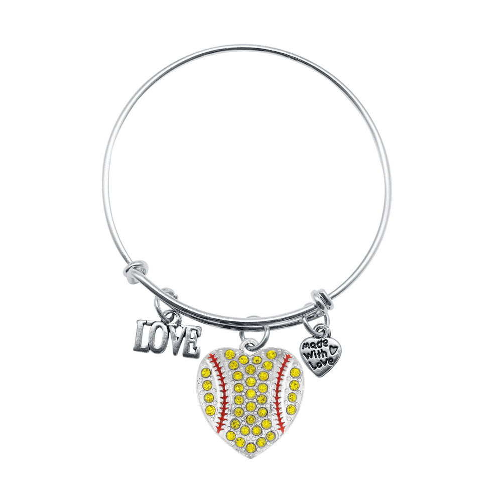 Silver Love Softball Heart Charm Wire Bangle Bracelet
