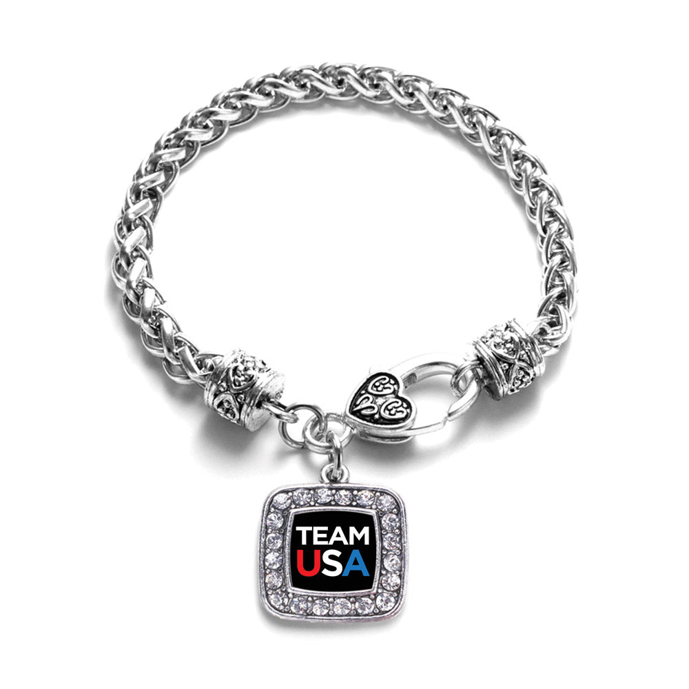 Silver Black Banner Team USA Square Charm Braided Bracelet