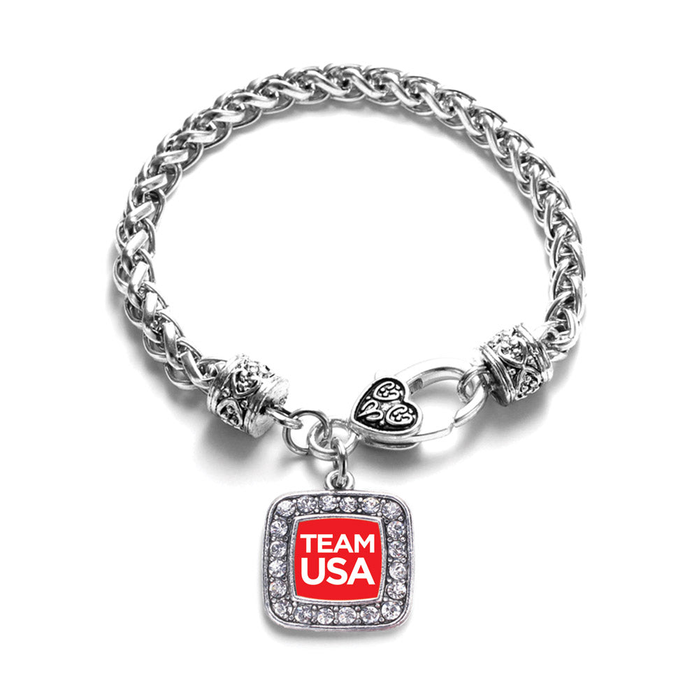 Silver Red Banner Team USA Square Charm Braided Bracelet