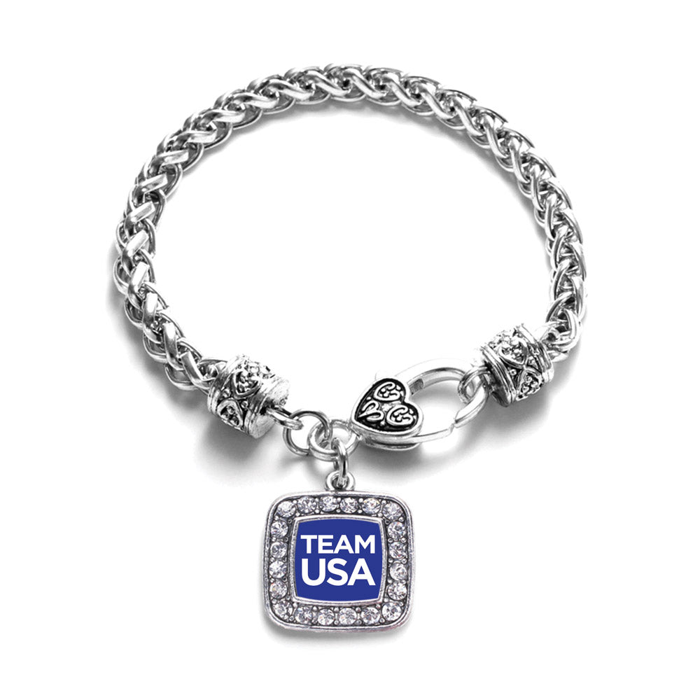 Silver Blue Banner Team USA Square Charm Braided Bracelet